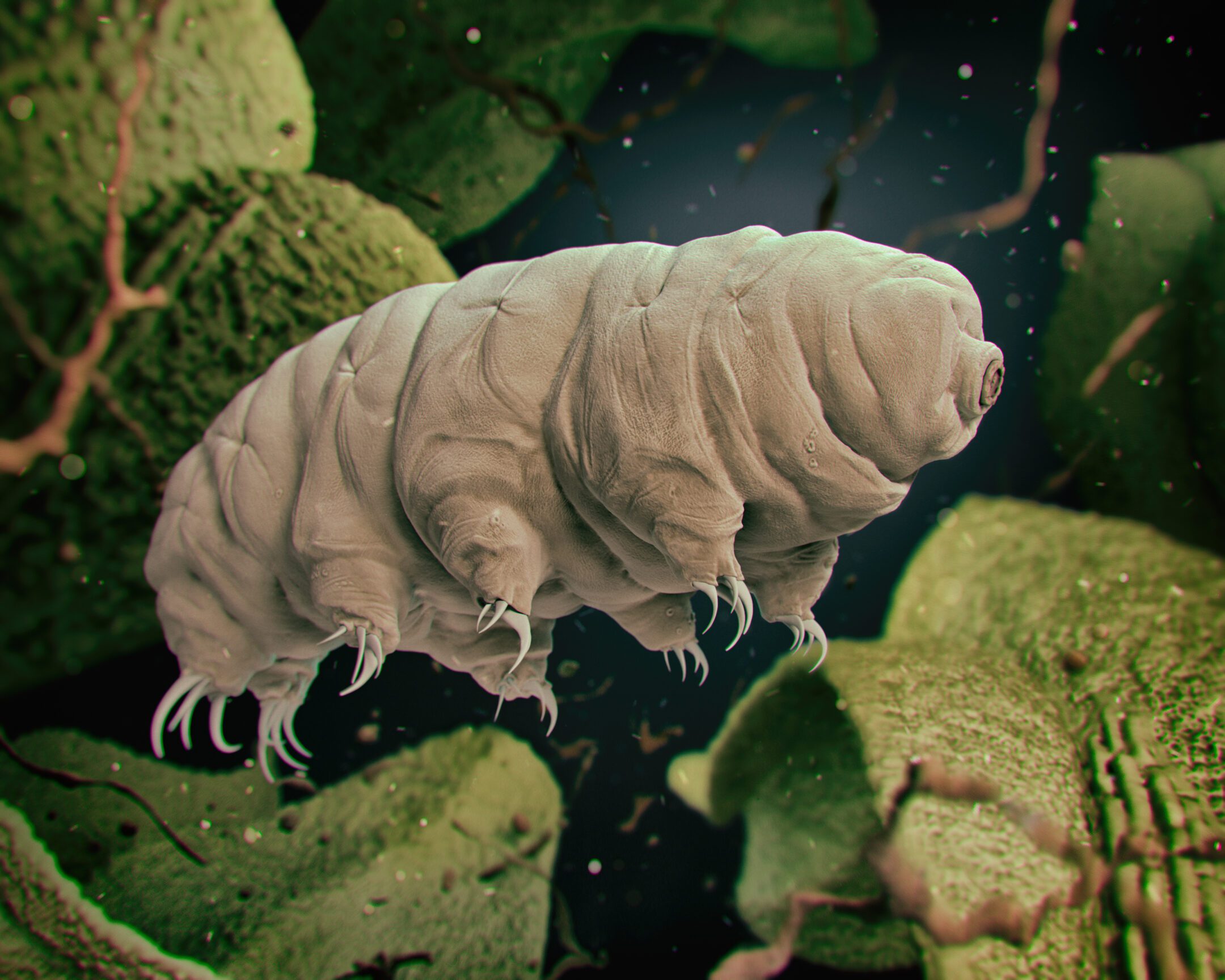A tardigrade swims in its microscopic world, with eight legs, a few claws on each, and a round mouth at the front.